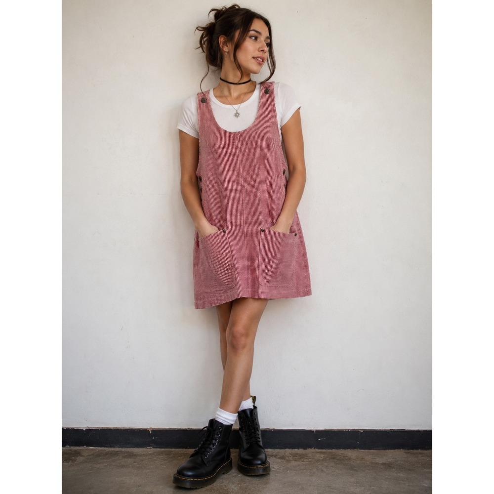 Vintage Pure Energy Red Gingham Pinafore Mini Dress Women's M Jumper Dress